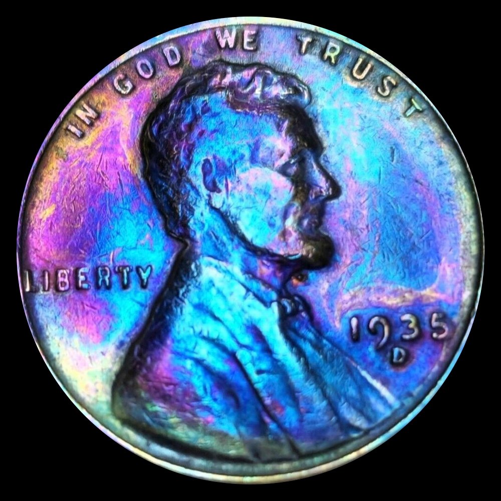 1935-D Lincoln cent with ridiculous artificial toning done to make the coin look pretty