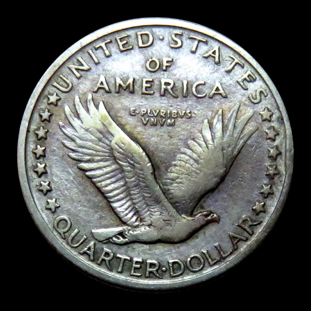 1917-S type 1 Standing Liberty quarter with subtle darkening to mask cleaned surfaces