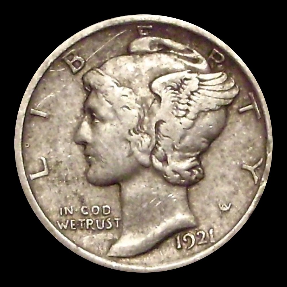 The thin scratch above the head of this 1921 Mercury dime is just barely market acceptable